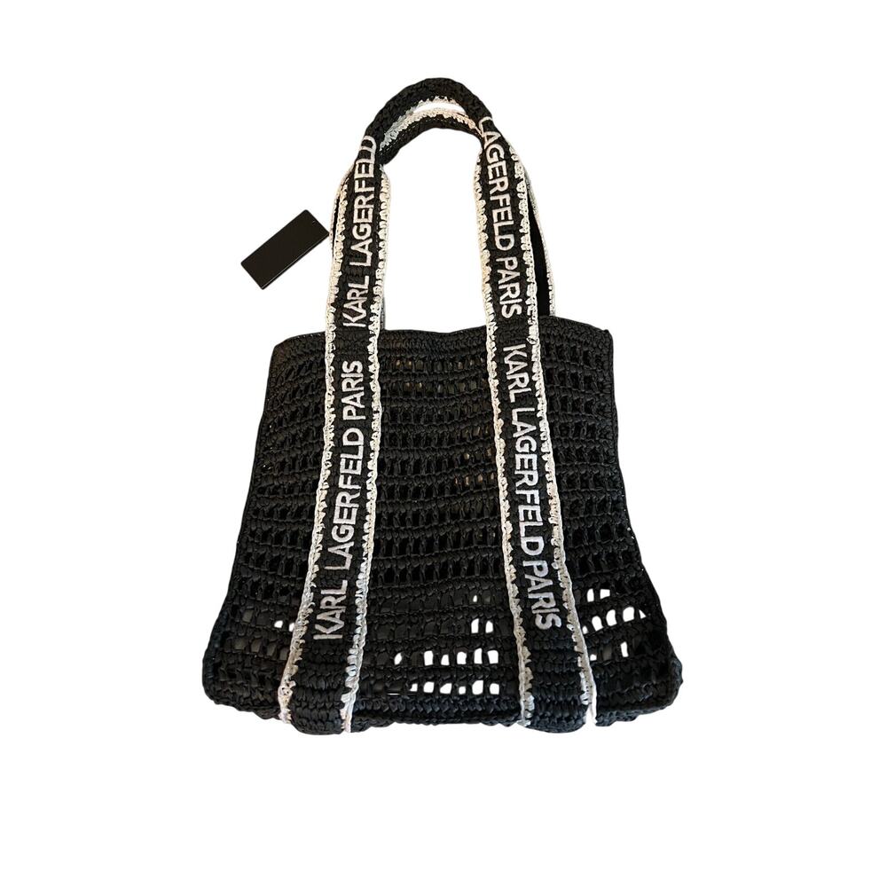 Karl Lagerfeld Tote Bag Large Black Antibes Straw Laptop Purse 12 x 13 x 5 NWT